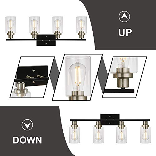 4-Light Modern Vanity Lights with Clear Glass Shade, Black Bathroom Lighting Fixtures Over Mirror Brushed Nickel Wall Mount Lamp for Bedroom Vanity Table Mirror Cabinets