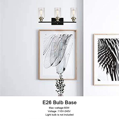 Modern Bathroom Lighting with Clear Glass Shade, 3-Light Black Vanity Light Wall Mount Lamp for Bedroom Vanity Table Bathroom Dressing Table, Brushed Nickel Finish Socket