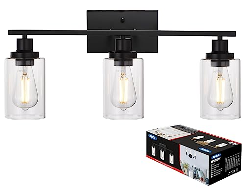 Bathroom Vanity Light Fixtures 3 Lights Wall Sconce Black with Clear Glass Shade for Bedroom Living Room Hallway Kitchen