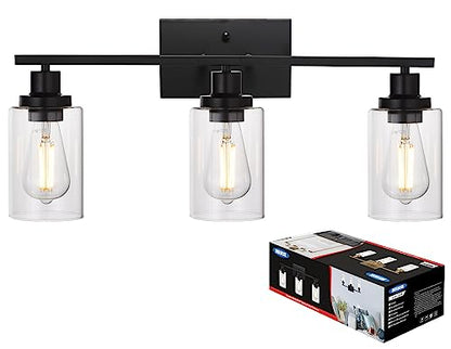 Bathroom Vanity Light Fixtures 3 Lights Wall Sconce Black with Clear Glass Shade for Bedroom Living Room Hallway Kitchen