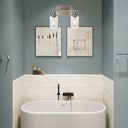 Metal Wall Lights with Clear Glass Shade 2 Heads Bathroom Light Fixtures Brushed Nickel Modern Vanity Lights Sconces for Hallway Bedroom Kitchen