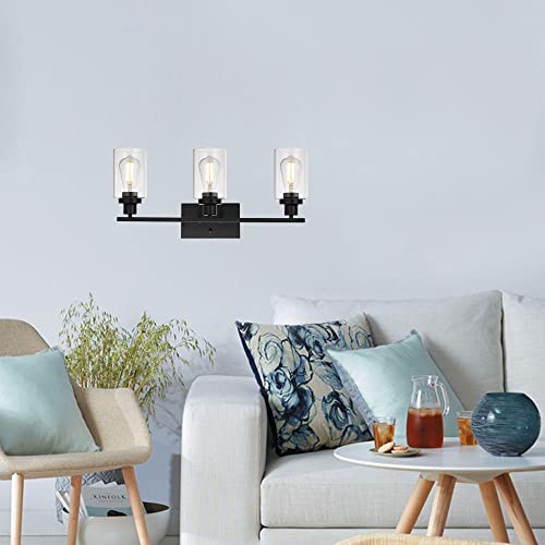 Bathroom Vanity Light Fixtures 3 Lights Wall Sconce Black with Clear Glass Shade for Bedroom Living Room Hallway Kitchen