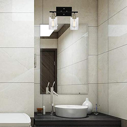 Modern Bathroom Light Fixtures 2-Light Matte Black Vanity Light with Clear Glass Shade for Stair Entryway Hallway, Brushed Nickel Socket