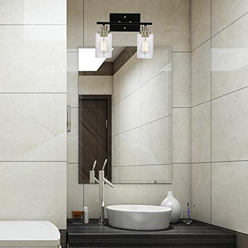 Modern Bathroom Light Fixtures 2-Light Matte Black Vanity Light with Clear Glass Shade for Stair Entryway Hallway, Brushed Nickel Socket