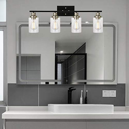 4-Light Modern Vanity Lights with Clear Glass Shade, Black Bathroom Lighting Fixtures Over Mirror Brushed Nickel Wall Mount Lamp for Bedroom Vanity Table Mirror Cabinets