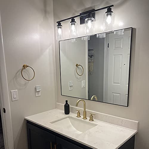 4 Lights Sconces Wall Lighting Black with Clear Glass Shade, Industrial Bathroom Light Fixtures Vanity Lights Porch Light Fixtures Wall Mount