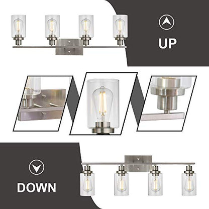 Bathroom Light Fixtures Brushed Nickel 4 Heads Modern Vanity Lights Wall Sconce with Clear Glass Shade for Hallway Kitchen Bedroom Living Room