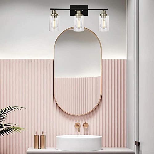 Modern Bathroom Lighting with Clear Glass Shade, 3-Light Black Vanity Light Wall Mount Lamp for Bedroom Vanity Table Bathroom Dressing Table, Brushed Nickel Finish Socket