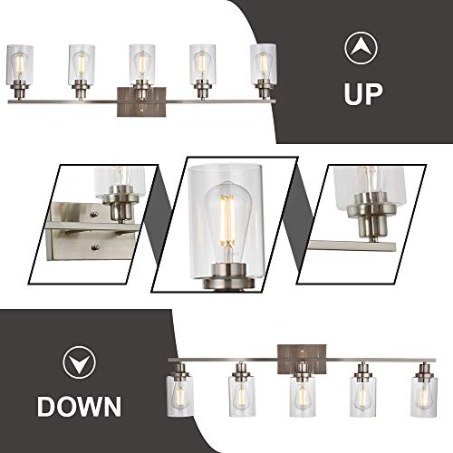 5-Light Bathroom Vanity Light Brushed Nickel Wall Sconce Modern Light Fixtures Wall Mount with Clear Glass Shade for Porch Bedroom Hallway Kitchen