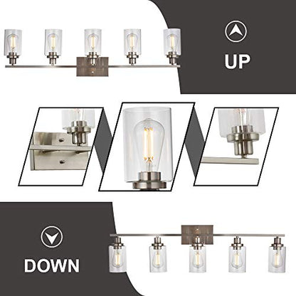 5-Light Bathroom Vanity Light Brushed Nickel Wall Sconce Modern Light Fixtures Wall Mount with Clear Glass Shade for Porch Bedroom Hallway Kitchen