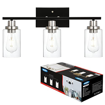 Modern Bathroom Lighting with Clear Glass Shade, 3-Light Black Vanity Light Wall Mount Lamp for Bedroom Vanity Table Bathroom Dressing Table, Brushed Nickel Finish Socket