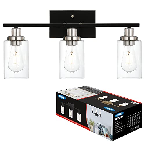 Modern Bathroom Lighting with Clear Glass Shade, 3-Light Black Vanity Light Wall Mount Lamp for Bedroom Vanity Table Bathroom Dressing Table, Brushed Nickel Finish Socket