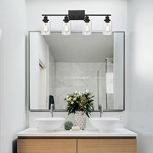 4 Lights Sconces Wall Lighting Black with Clear Glass Shade, Industrial Bathroom Light Fixtures Vanity Lights Porch Light Fixtures Wall Mount