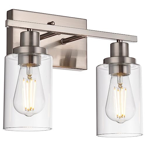 Metal Wall Lights with Clear Glass Shade 2 Heads Bathroom Light Fixtures Brushed Nickel Modern Vanity Lights Sconces for Hallway Bedroom Kitchen