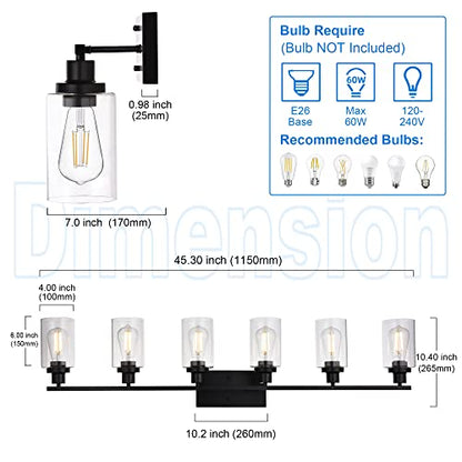 Black Vanity Light Fixture 6-Light Industrial Metal Wall Sconce Bathroom Lighting for Bedroom Hallway Kitchen, Clear Glass Shade Included