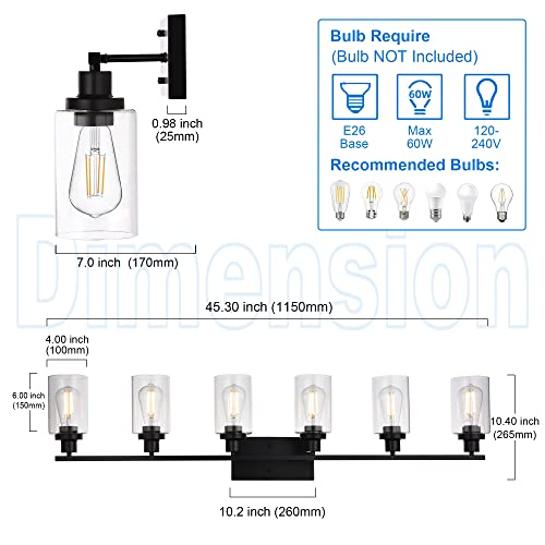 Black Vanity Light Fixture 6-Light Industrial Metal Wall Sconce Bathroom Lighting for Bedroom Hallway Kitchen, Clear Glass Shade Included