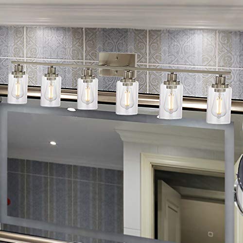 Modern Bathroom Vanity Light Fixtures 6-Light Brushed Nickel Contemporary Wall Light with Glass Shade for Kitchen Living Room Bedroom
