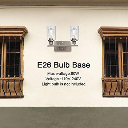 Metal Wall Lights with Clear Glass Shade 2 Heads Bathroom Light Fixtures Brushed Nickel Modern Vanity Lights Sconces for Hallway Bedroom Kitchen