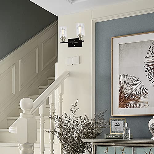 Modern Bathroom Light Fixtures 2-Light Matte Black Vanity Light with Clear Glass Shade for Stair Entryway Hallway, Brushed Nickel Socket
