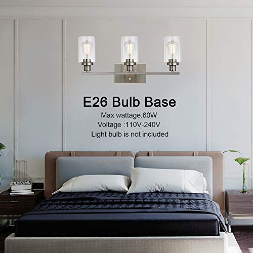 3 Lights Wall Sconce Brushed Nickel Finished Modern Bathroom Vanity Light Fixtures with Clear Glass Shade Suit for Porch Bedroom Foyer Kitchen