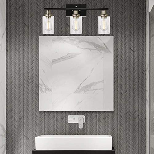 Modern Bathroom Lighting with Clear Glass Shade, 3-Light Black Vanity Light Wall Mount Lamp for Bedroom Vanity Table Bathroom Dressing Table, Brushed Nickel Finish Socket