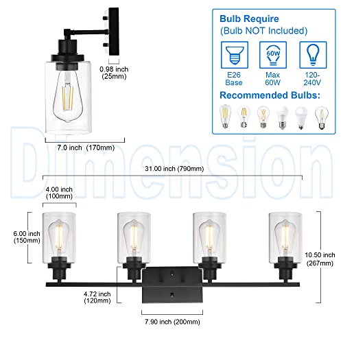 4 Lights Sconces Wall Lighting Black with Clear Glass Shade, Industrial Bathroom Light Fixtures Vanity Lights Porch Light Fixtures Wall Mount