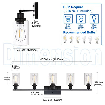 40 Inches Length 5-Light Bathroom Vanity Light Fixtures Black Industrial Wall Sconce Lighting with Clear Glass Shade for Living Room Bedroom Hallway Kitchen