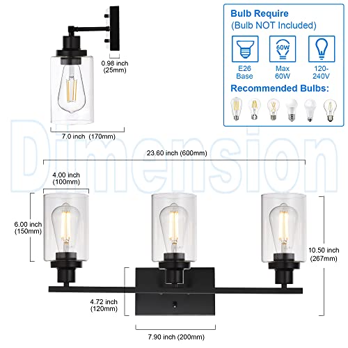 Bathroom Vanity Light Fixtures 3 Lights Wall Sconce Black with Clear Glass Shade for Bedroom Living Room Hallway Kitchen