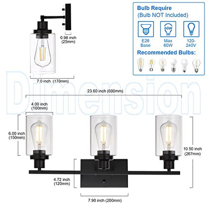 Bathroom Vanity Light Fixtures 3 Lights Wall Sconce Black with Clear Glass Shade for Bedroom Living Room Hallway Kitchen
