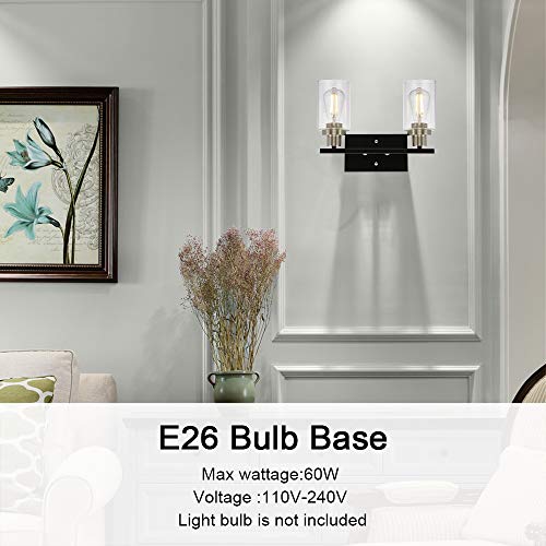 Modern Bathroom Light Fixtures 2-Light Matte Black Vanity Light with Clear Glass Shade for Stair Entryway Hallway, Brushed Nickel Socket