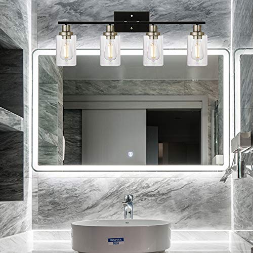 4-Light Modern Vanity Lights with Clear Glass Shade, Black Bathroom Lighting Fixtures Over Mirror Brushed Nickel Wall Mount Lamp for Bedroom Vanity Table Mirror Cabinets