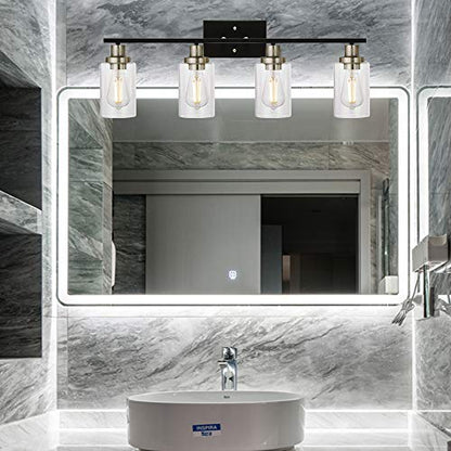 4-Light Modern Vanity Lights with Clear Glass Shade, Black Bathroom Lighting Fixtures Over Mirror Brushed Nickel Wall Mount Lamp for Bedroom Vanity Table Mirror Cabinets