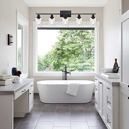 40 Inches Length 5-Light Bathroom Vanity Light Fixtures Black Industrial Wall Sconce Lighting with Clear Glass Shade for Living Room Bedroom Hallway Kitchen