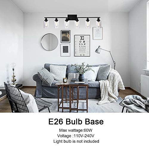 Black Vanity Light Fixture 6-Light Industrial Metal Wall Sconce Bathroom Lighting for Bedroom Hallway Kitchen, Clear Glass Shade Included